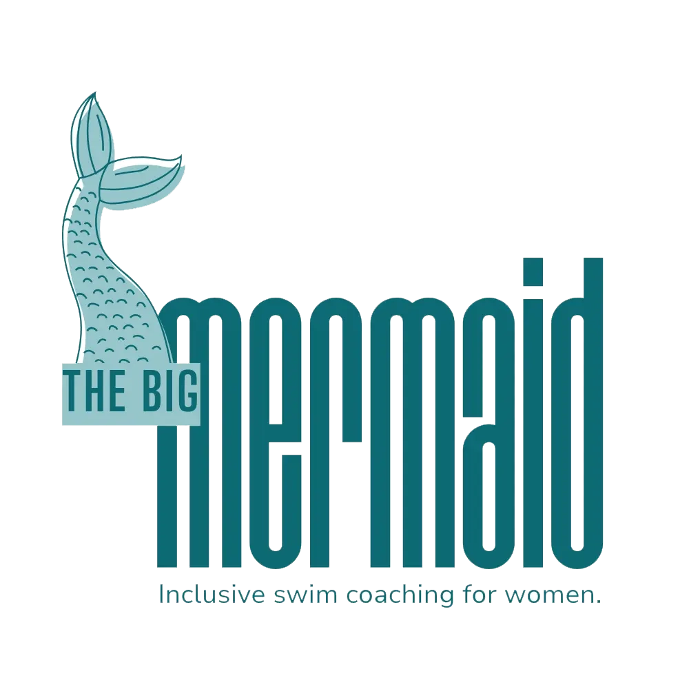 The Big Mermaid logo featuring a upside-down mermaid tail. Text underneath says “Inclusive swim coaching for women.
